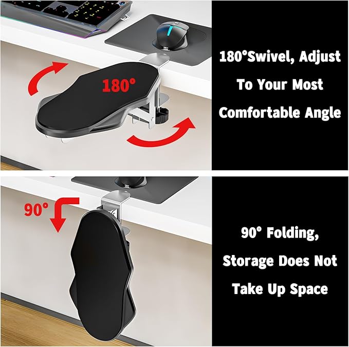 Arm Rest for Desk, Ergonomic Foldable Elbow Rest for Computer Desk, Adjustable Rotating Desk Extender Tray, Mouse Arm Bracket for Couch Keyboards Office Chair Car Massage Table (Black)