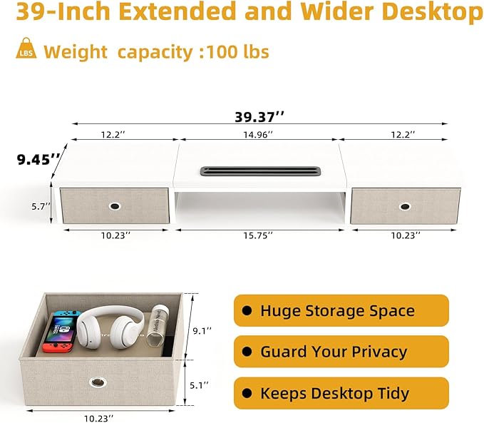 39 Inch Dual Monitor Stand Riser with 2 Drawers - Large White Wooden Computer Stand for 2 Monitors, Ergonomic Desk Organizer with Phone Holder, Desktop Storage for Laptop, Office Supplies, Home Office