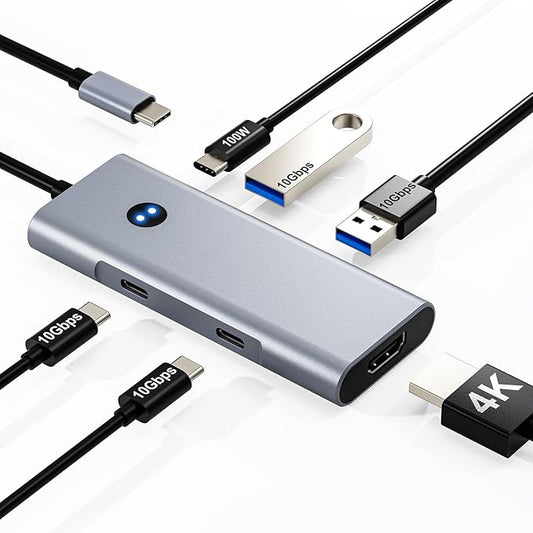 USB C Hub 6-in-1 with 4K@60Hz HDMI, 2 USB-C & 2 USB-A 10Gbps Ports, Privacy Button, 100W PD – Dual USB C Dongle for Mac Laptops, Tablets, Windows Laptops, and More USB-C Devices