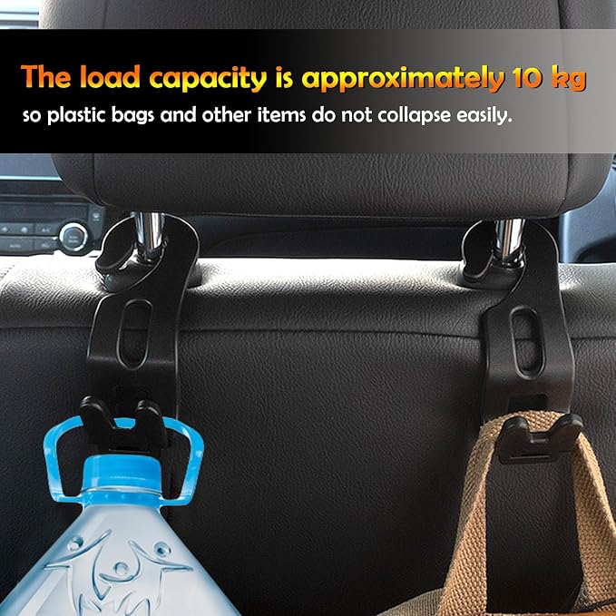 Car Back Seat Headrest Hanger 2 Car Hooks for Coat, Jacket, Suit, Clothes, Purse, Handbag, Grocery Bags - Multi-Purpose Storage Holder for Automobile - Black