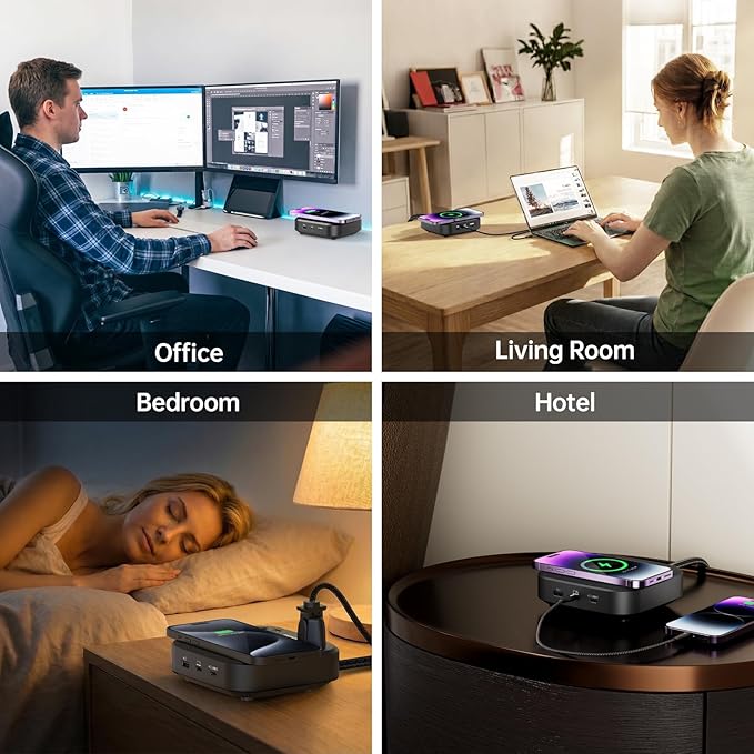 GaN Multi Charging Station 67W, 6-in-1 iPhone Charger Station with USB Ports, Wireless Charging, 2× AC Outlets, Desktop/Bedside/Nightstand Power Station, Hotel-Grade Design, Black