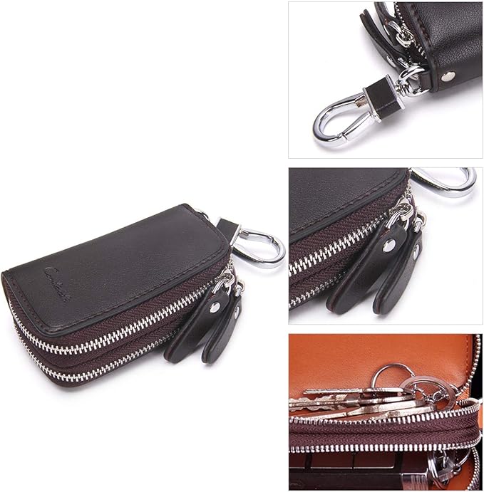 CONTACTS Car Key Case Small Leather Double Zipper Key Holder with 4 Keyrings Keys Organizer for Men Women