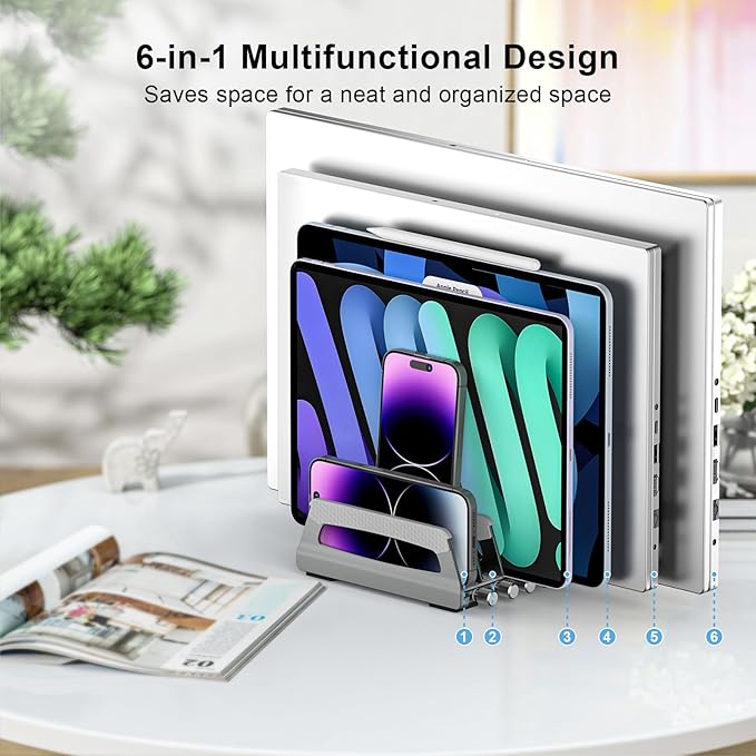 Elestoria 6-Slot Vertical Laptop Stand & Holder ?“Adjustable Aluminum Laptop Stand Vertical for Desk Fits 6 Devices, MacBook & Gaming Laptops (Up to 17.3???“Space Saving Laptop Storage Rack - Grey