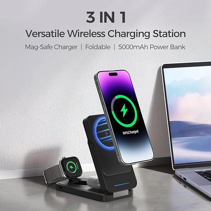 ANJANK 3 in 1 Foldable Wireless Charging Station for Travel, 5000mAh Removable Mag-Safe Power Bank, Portable Magnetic Charger Stand for iPhone 17 16 15 14 13 Pro Max Plus, Apple Watch Series, AirPods