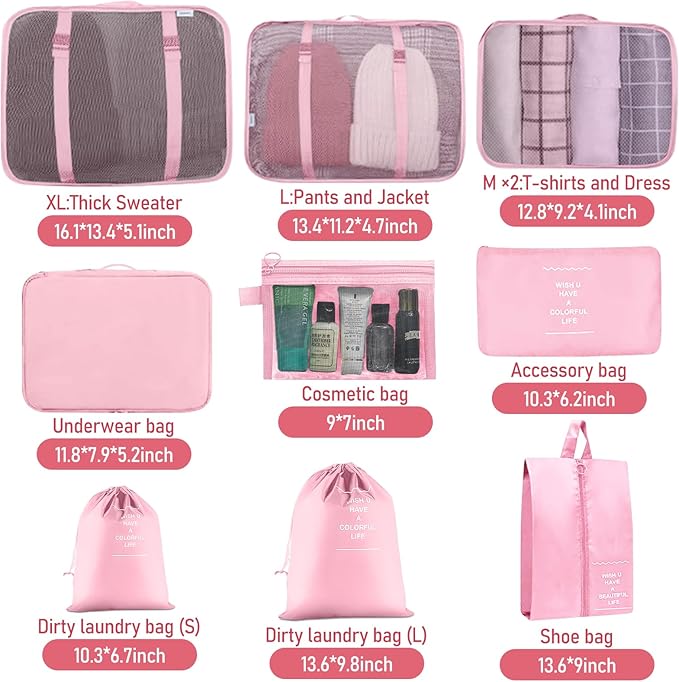 Packing Cubes for Travel - 10 Set Luggage Organizer Bags for Family, Mesh Breathable Travel Packing Cubes for Suitcases Durable Essentials Bags Set