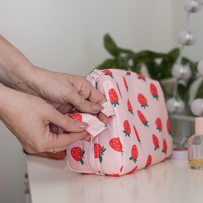 Tiny Twinkle Waterproof Travel Toiletry & Makeup Bag Organizer | Makeup Pouch with Multiple Compartments & Snap Handle for Travel | Gift for Teen Girls and Women (Strawberries)