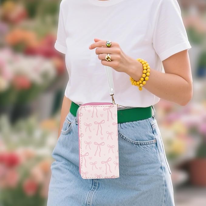 Pink Bow Wallet for Women - Slim PU Leather Womens Wallet with Cash Zipper Coin Purse, Small Credit Card Holder Travel Wallet, Wristlet Wallets for Female Ladies Teen Girls Purse (Girly Gift)