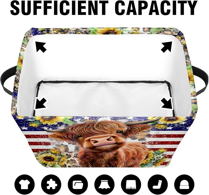 Patriotic American Cow Highland Storage Bins Oxford Fabric Storage Basket for Shelves for Organizing Closet Shelf Nursery Toy with Handles 10 x 14 x 8 inches