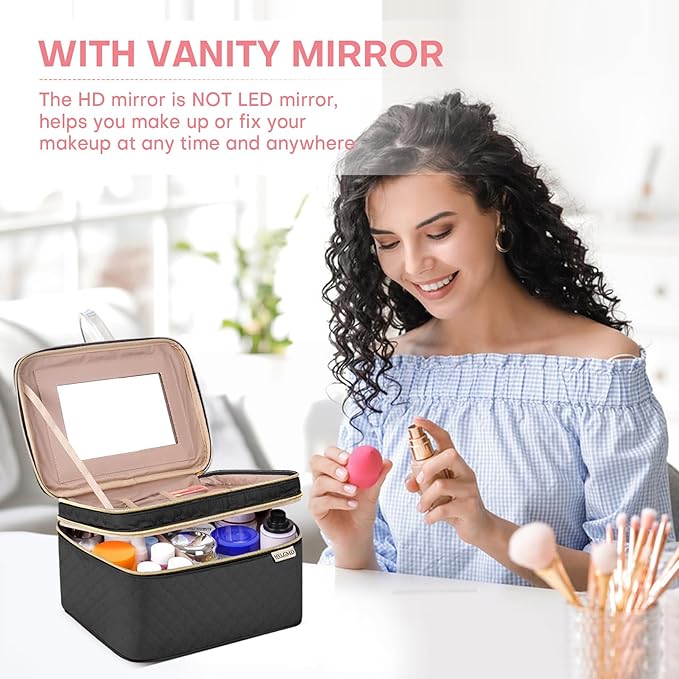 HXLGMD Large Makeup Bag with Mirror Double Layer Travel Make Up Organizer Case, Large Capacity Coemetic Bag with Brush Slot Divider