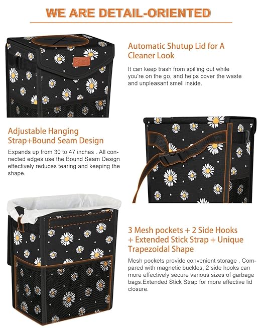 Pritent Car Trash Can with Lid, Cute Leakproof Car Trash Garbage Bag Hanging Vehicle Trash Bin Small Portable Automotive Garbage Cans Organizer for Back/Front Seat/Console(2.8 Gallons,Black Flower)