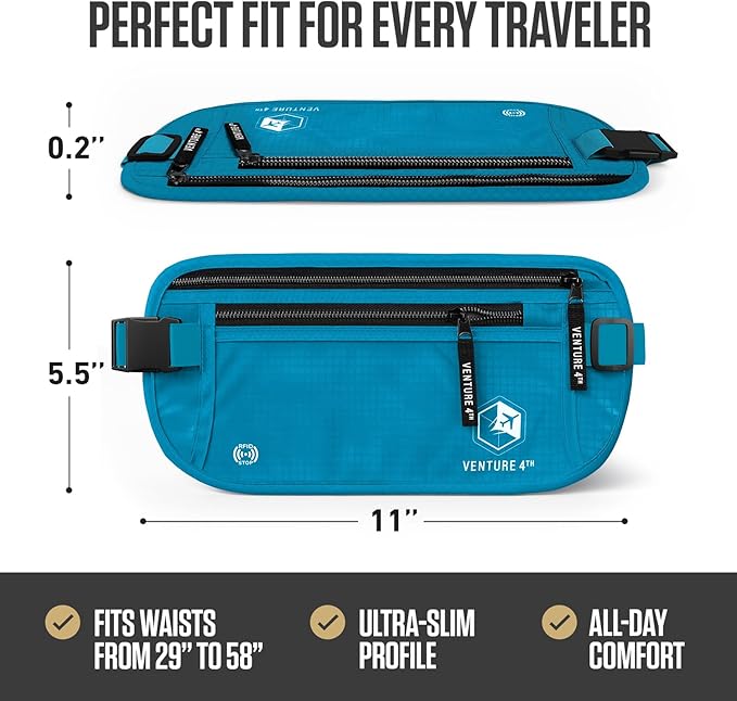 VENTURE 4TH Travel Money Belt - Slim Passport Holder RFID Blocking Travel Pouch to Protect Cash, Credit Cards and Travel Documents (Blue)