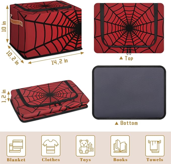 Red Web Storage Bins With Zipper Lid, Collapsible Trunk Organizer, Car Organizers and Storage Bins with Lids, Decorative Storage Boxes with Handle, Home Storage Baskets For Organizing