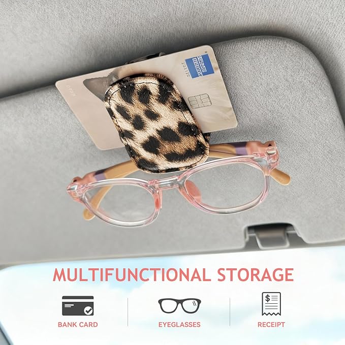 Sunglass Holder for Car Visor, Cheetah Leopard Magnet Sunglasses Holder for car Leather Sunglasses Holder and Ticket Card Clip Car Visor Accessories