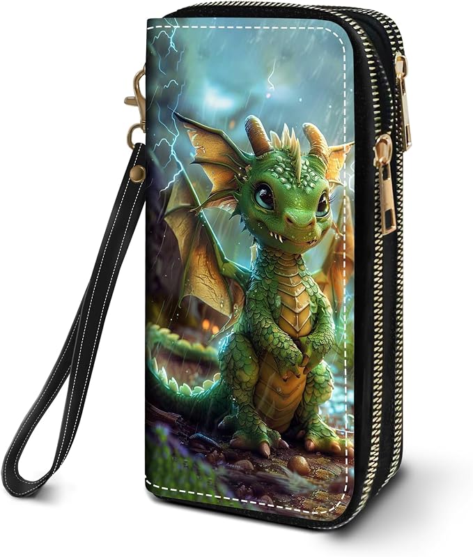 Women's Large Capacity Wallet PU Leather Double Zipper Clutch Purse Multifunctional Wallet with Removable Wristlet Strap for Smart Phone/Coin/Card/Cash, Cute Dragon Baby