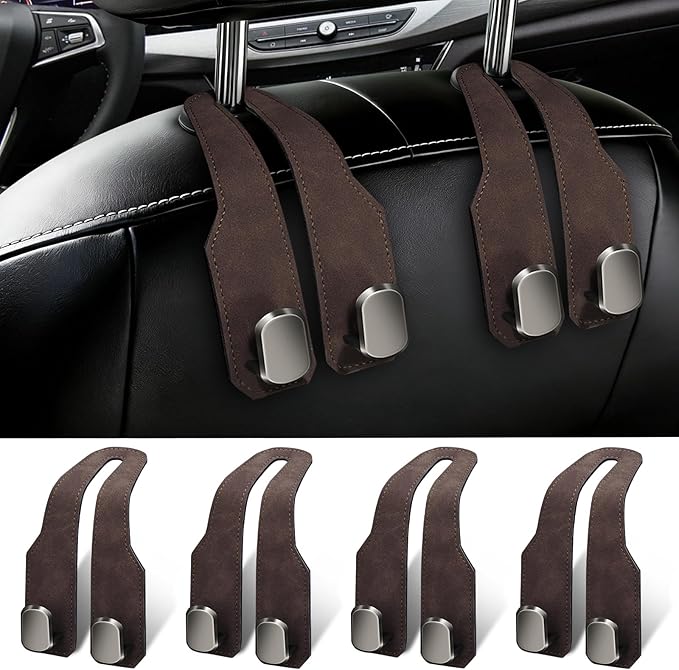 4 Pack Car Seat Headrest Hooks for Purses and Bags, Car Purse Holder With Double Metal Hooks, Headrest Back Seat Handbags Hook, Universal Car Purse Hanger, Cute Car Hanging Accessories, Brown
