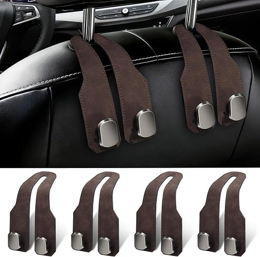 4 Pack Car Seat Headrest Hooks for Purses and Bags, Car Purse Holder With Double Metal Hooks, Headrest Back Seat Handbags Hook, Universal Car Purse Hanger, Cute Car Hanging Accessories, Brown