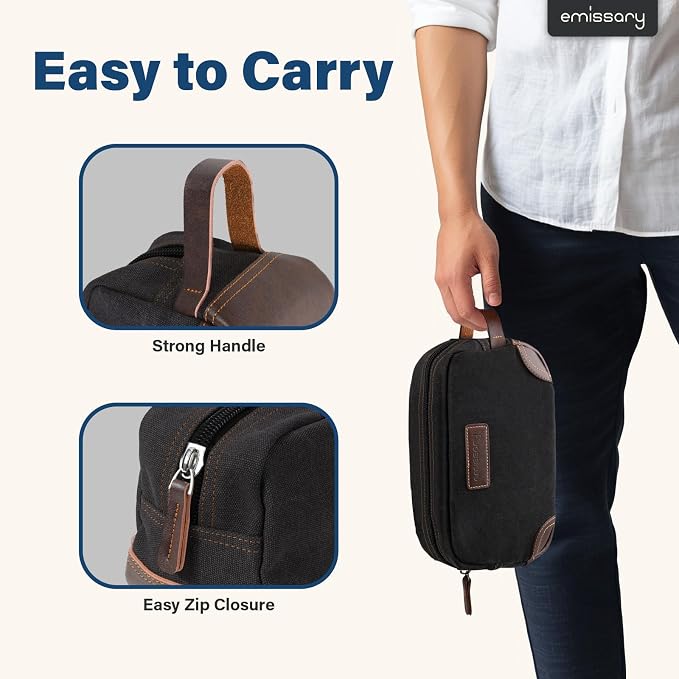 emissary Men's Toiletry Bag, Leather and Canvas Travel Toiletry Bag, Dopp Kit for Men, Travel Bathroom Bag Men's Shaving Kit, Travel Kit Small Bags for Men, Shaving Bag for Travel Accessories (Black) | Durable canvas & PU leather, water-resistant linin...