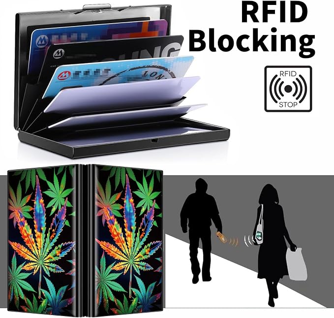 Metal Wallet for Women Men Girls, RFID Blocking Slim Aluminum Credit Card Holder, Mini Travel Wallet with Hard Shell, Lightweight ID & Business Card Case,Marijuana Leaf Weed