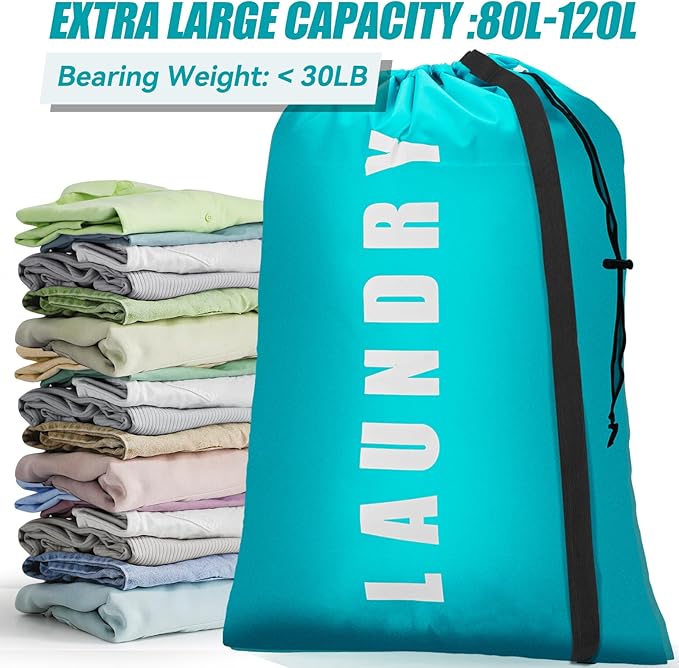 Isink Heavy Duty Laundry Bag with Strap,2 Pack Travel Laundry Bags for Dirty Clothes,24" x 36" Large Laundry Bag for Traveling,Camping,Dorm (Cyan + Gray)
