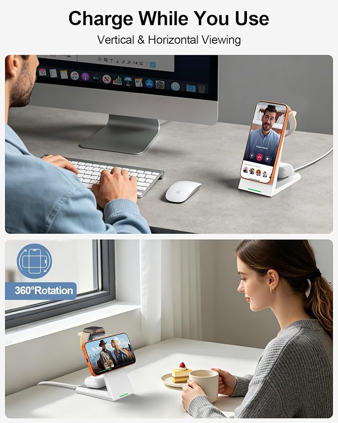 3 in 1 Magnetic Wireless Charging Station - 15W Fast Charging for iPhone 17/16/15/14/13/12, Compatible with MagSafe, for Apple Watch & AirPods, Auto-Dimming Light for Nightstand, Includes 30W Adapter