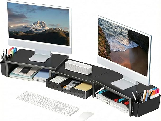 OPNICE Desk Organizers and Accessories, Dual Monitor Stand Riser with Drawer and 2 Pen Holders, Desk Shelf Metal Computer Racks for Office Workspace Organizers, Desktop Organization (Black Metal)