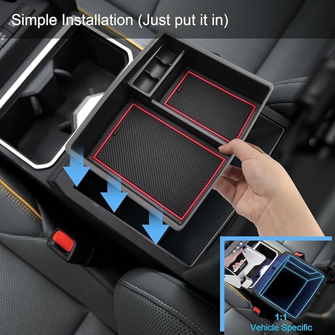 2024 2025 2026 Tacoma Center Console Organizer for Toyota Tacoma (All Trims), Durable ABS Plastic&Anti-slip Rubber Console Tray Glove Insert 2026 2025 Tacoma Accessories (with Red Mats)