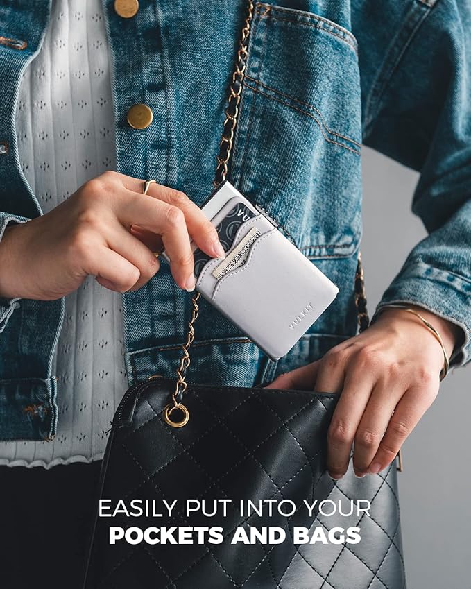 VULKIT Credit Card Holder Minimalist Slim Pop Up Wallet with Leather Slots RFID Blocking for Men and Women Holds 7 Cards and Notes Pearl White