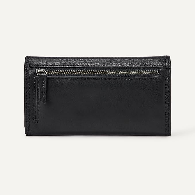Amazon Essentials Women's Long Flap Continental Leather Wallet with Snap Closure, Black, One Size