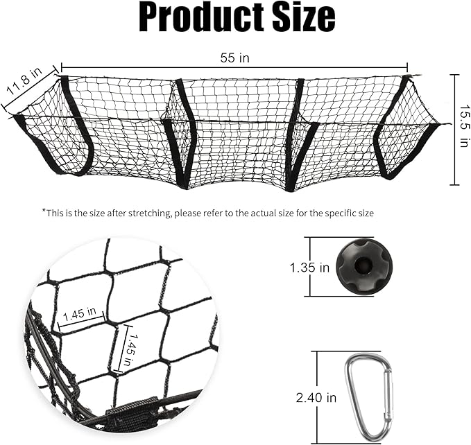 Amiss Heavy Duty Mesh Cargo Net, 3 Pocket Trunk Bed Storage Organizer Compatible for SUV, Car, Pickup Truck Bed, Etc.with 4 Metal Hooks (11.8×11.8×47.3 Inch), Black
