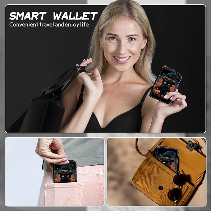 Cute Credit Card Holder with Zipper, Black Cat Halloween RFID-Blocking Card Case Small Wallet for Women Men, Multi-slot Card Organizer Case Travel Accordion Wallet