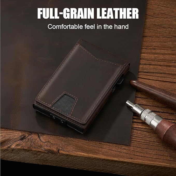 Wallet for Men，Slim Minimalist Smart Wallet for Men With Money Clip Genuine Leather Card Holder RFID Blocking Metal Aluminum Pop Up Card Wallet with ID Window Gift