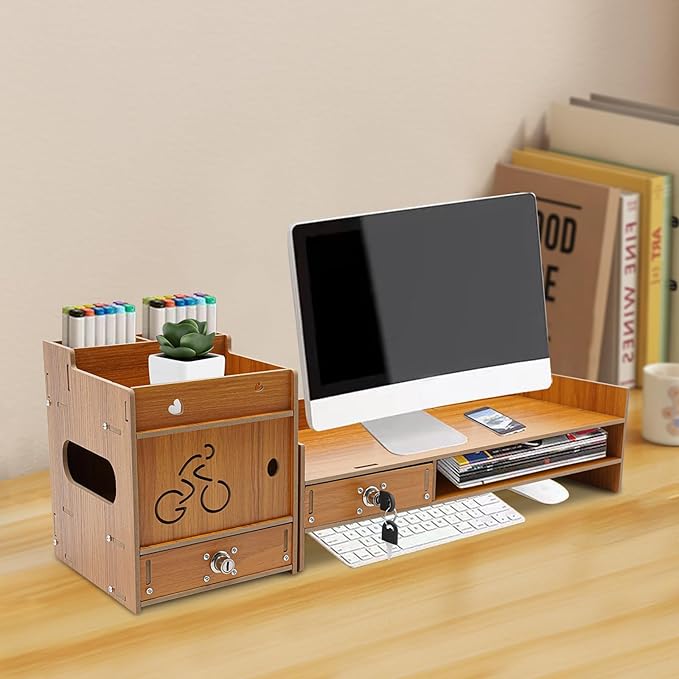 Desktop Monitor Stand, Computer Monitor Stand for Desk, Monitor Riser with Drawer, Desk Monitor Stand Underneath Storage for Office (Cherry Wood Color)