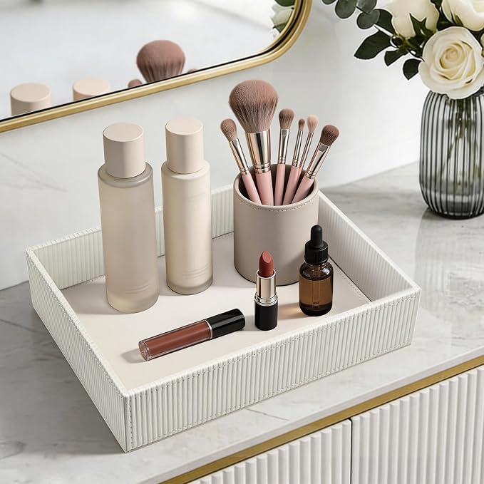 SITHON Valet Tray Desk Organizer, PU Leather Catchall Bedside Vanity Tray Nightstand Caddy Coin Box Key Jewelry Storage Organizer, Graduation, Stripe Pearl White