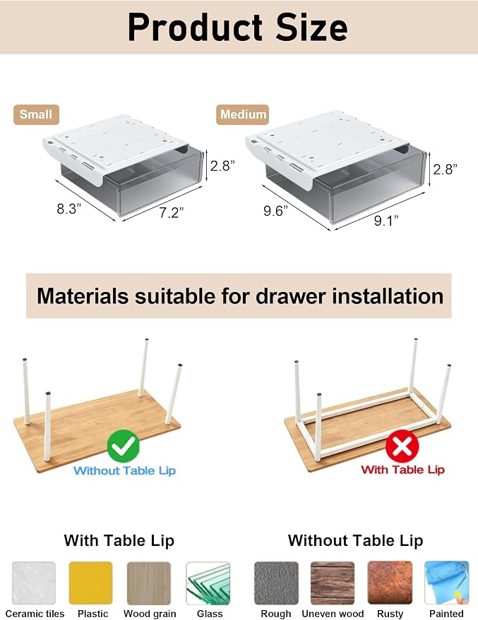 Under Desk Drawer Set of 2, Smooth Slide-Out Storage (Medium/Small), Thick PET Material, For Home Office, Desk & Coffee Table