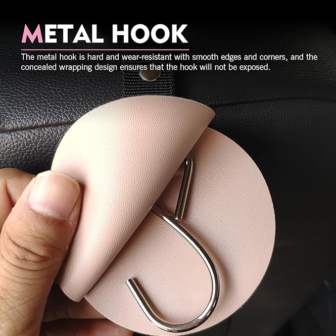 2PCS Car Headrest Hooks, Leather DIY Concealed Seatback Hook, Heavy-Duty Metal Storage Hanger for Purse Bags, Universal for Most Cars, SUVs, Trucks (Pink)