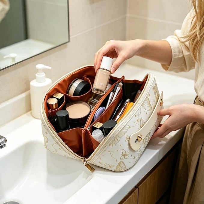 Travel Makeup Bag with Compartments & Organizers – Flat Open Cosmetic Pouch for Women, Purse-Style Design for Traveling, Perfect for Toiletries & Cosmetics for Women(Beige)