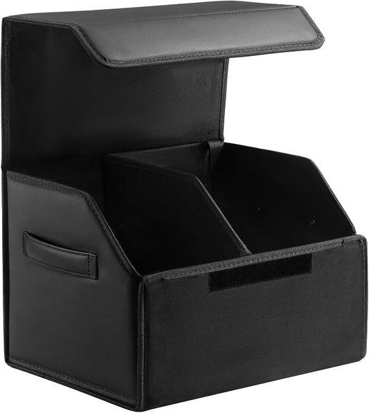 Car Trunk Organizer, Foldable Cargo Storage Box with Hook-and-Loop Lid, Suede & Faux Leather Trunk Organizer for SUV Sedan Truck, Adjustable Divider, Handles, Black, 19.7inches