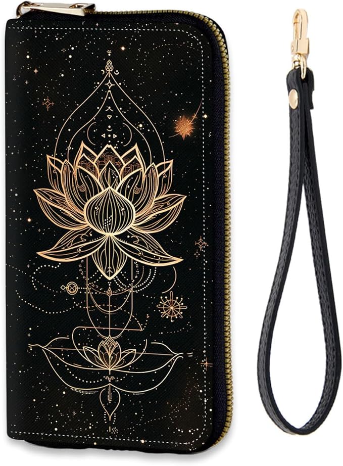 Women's RFID Blocking Zip Around Wallet with Detachable Wrist Strap, Large Capacity Credit Card Holder Organizer for Everyday Use,Magic Lotus Floral