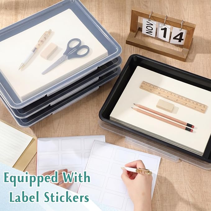 Tinlade 12 Pcs Classroom Paper Storage Bins with Clear Latching Lids Labels, Letter Size Stackable Flat Trays Container Paper Organizer for Teacher Back to School Office Arts Crafts (Black,13x10in)