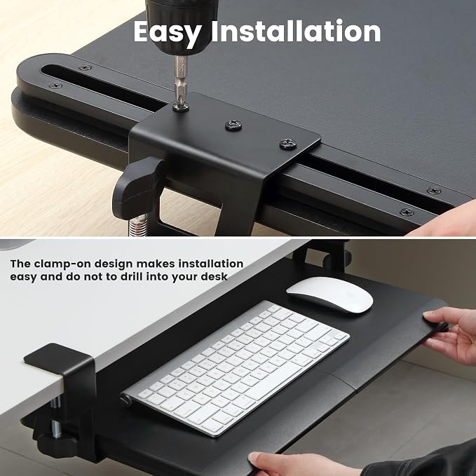 Keyboard Tray Under Desk, Slide Out Computer Keyboard & Mouse Tray with C Clamp-on Mount Easy to Install,24" W（Including Clamps） X 12"D Small Size,Black