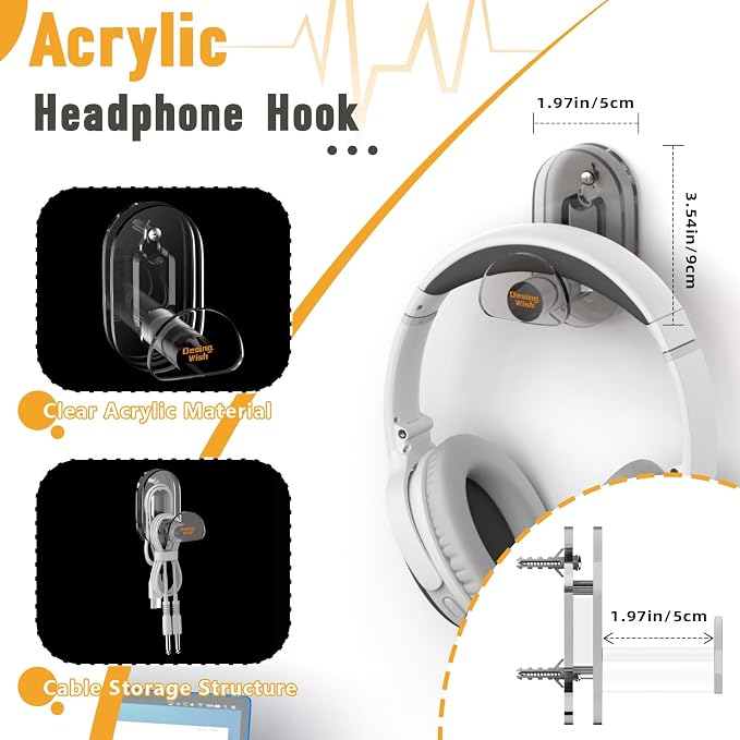 Acrylic Headphone Wall Mount Holder for Most Over-Ear Headphones, Clear Headphone Hanger for Wall Universal Headset Hook Gaming Headset Holder