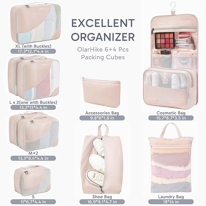 10 Set Packing Cubes for Travel, Gifts for Women Mom,Anti-Tearing Suitcase Organizer for Luggage with Shoe & Hanging Toiletry Bag,OlarHike Vacation Essentials & Accessories for Cruise Ship