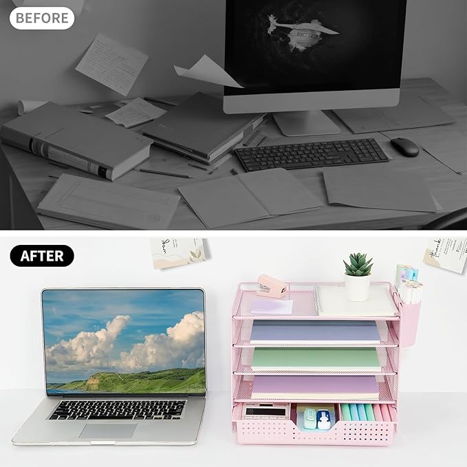 LEKETREE Desk Organizers and Accessories, 5-Tier Paper Letter Tray Organizer with Drawer & 2 Pen Holders, Desktop Organizer for Office Supplies (Pink)