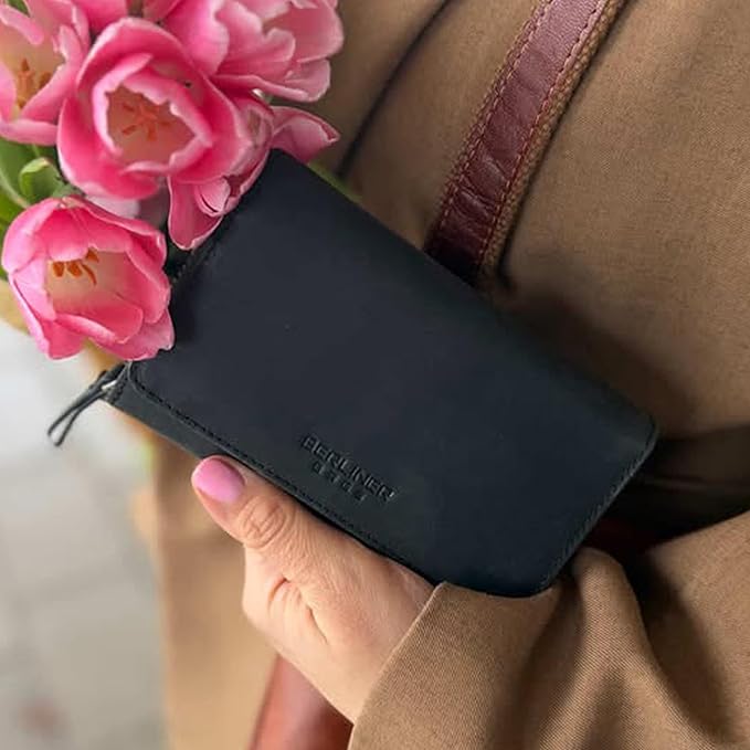 BERLINER BAGS Vintage Genuine Leather Wallet Vienna, RFID Blocking Credit Card Holder, Trifold Clutch Purses, Zip Around Womens Wallet for 19 cards, ID window, Bills, Coins - Dark Grey