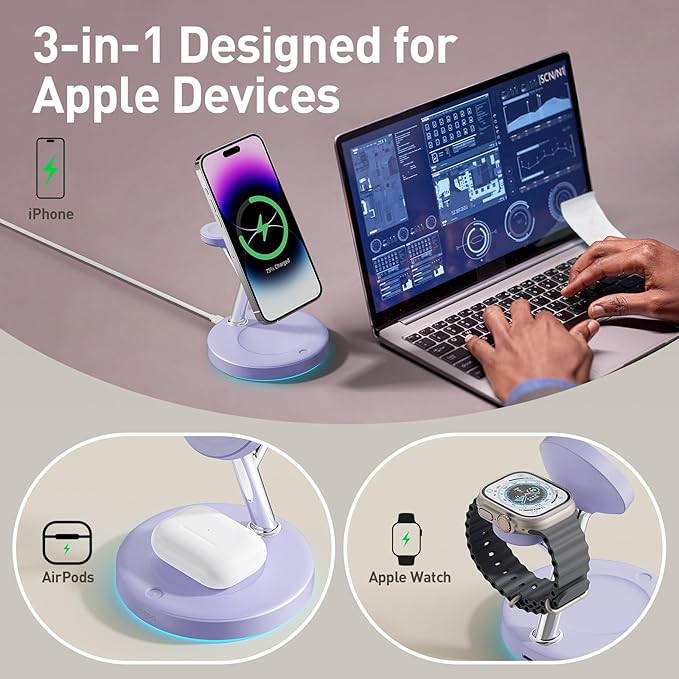 New 3 in 1 Charging Station for Apple Compatible with Magsafe Charger Stand for iPhone 17 16 15 14 13 12 Wireless Charging Station for AirPods Wireless Charger for iWatch Series