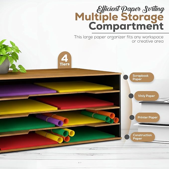 12x18 Construction Paper Organizer, 4-Tier Wooden Flat File for 11x17, A3 & Tabloid Sheets | Durable wood Desk Paper Storage for Classroom, Office & Art Studio