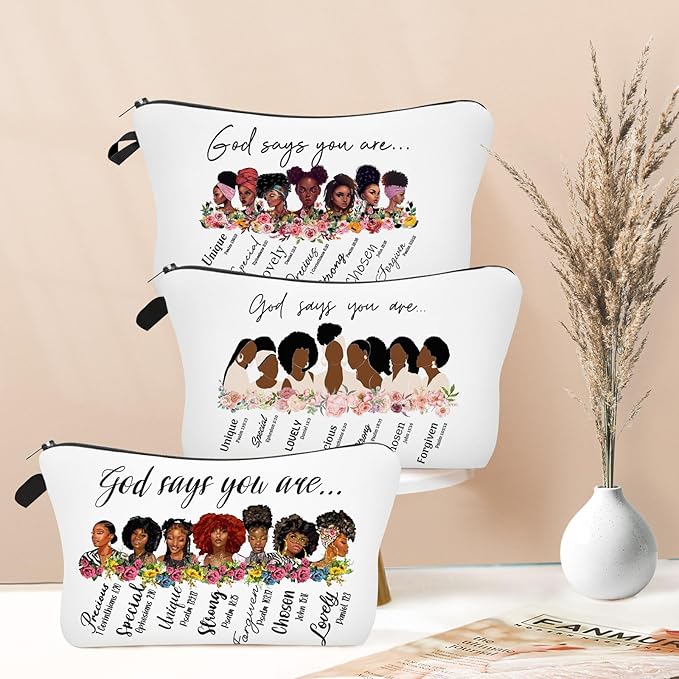 Christian Gifts for Women, 3 Pack African American Makeup Bag for Purse, Afro Black Cosmetic Bags for Women, Inspirational and Funny Gifts, Small Travel Pouches, Bulk Cosmetic Cases