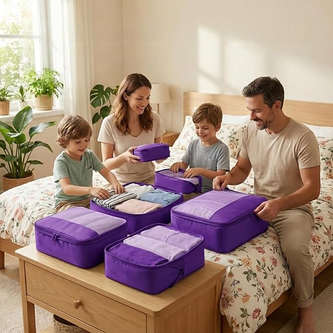 4 Piece Compression Packing Cubes for 3–7 Day Travel, Space Saving Travel Organizers with Breathable Mesh, Double-Zipper Packing Cubes for Carry-On & Suitcases (Lavender)