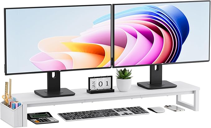 Dual Monitor Stand Riser, 41.5'' Extra Long Wood Monitor Stand Desktop Organizer with Side Pocket, Ergonomic Monitor Riser Supports 2 Monitors,TV,Laptop,Printer for Home Office, White