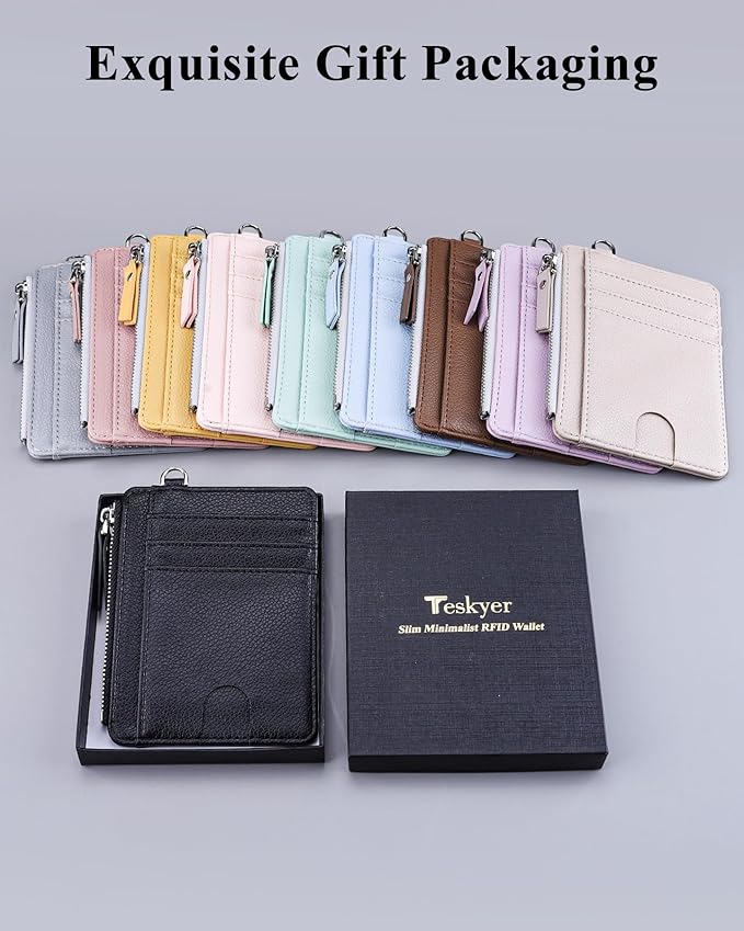 Teskyer Slim Card Holder Wallet with Zip Pocket, RFID Blocking, Total 9 Compartments Large Capacity, 3.5" x 4.7" (Slight Larger Than Usual), Faux Leather - Black